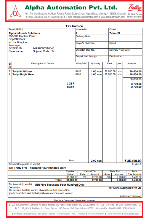 Print Header & Footer in Tally Default Invoice