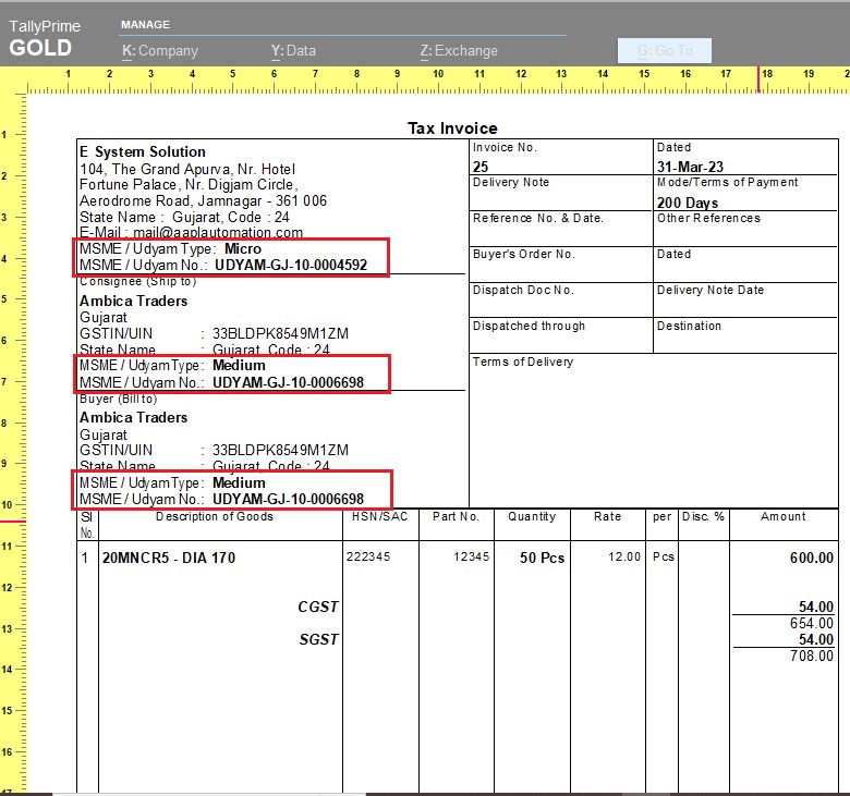 Print MSME / Udyam Number in Invoice & Reports