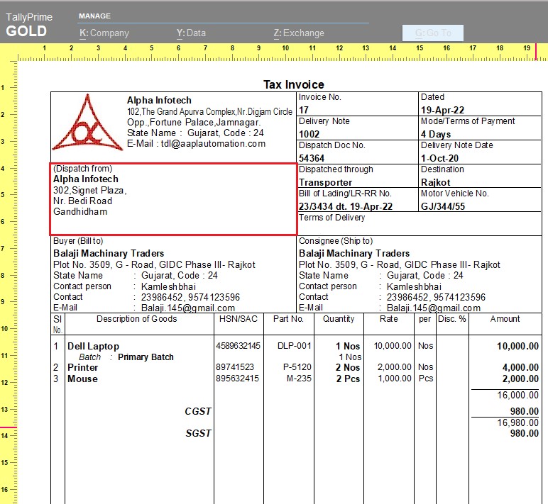 Print Dispatch From Details in Sales Invoice